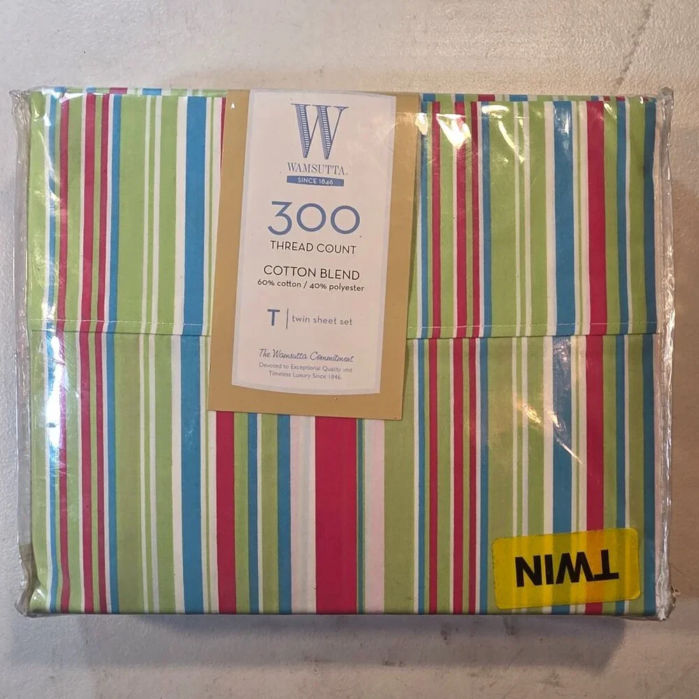 3 Piece 300 Count Twin Wamsutta Sheet Set 60/40 Striped Flat Fitted & Pillowcase